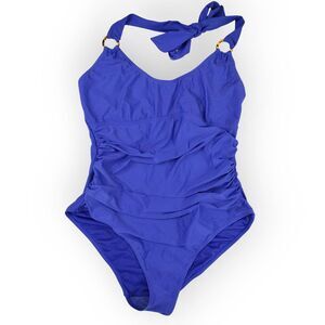 Jones New York Womens Sz XL One Piece Swimsuit Blue Ruched Tummy Control Beach